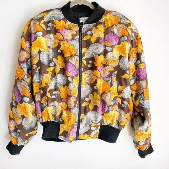 Vintage Carol Horn Silk Colourful Leaf Print Bomber JAcket M - Picture 5 of 6